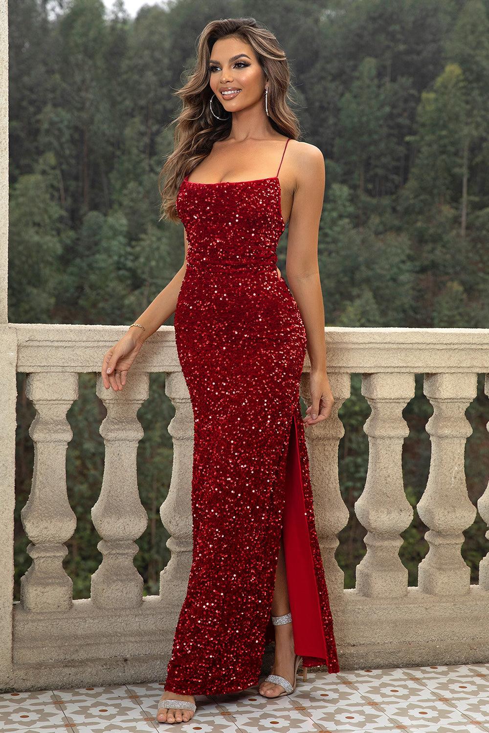 Sequin Backless Split Maxi Dress - Dresses