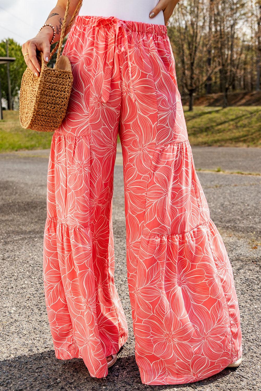 Floral Tiered Wide Leg High Waist Pants - Pant