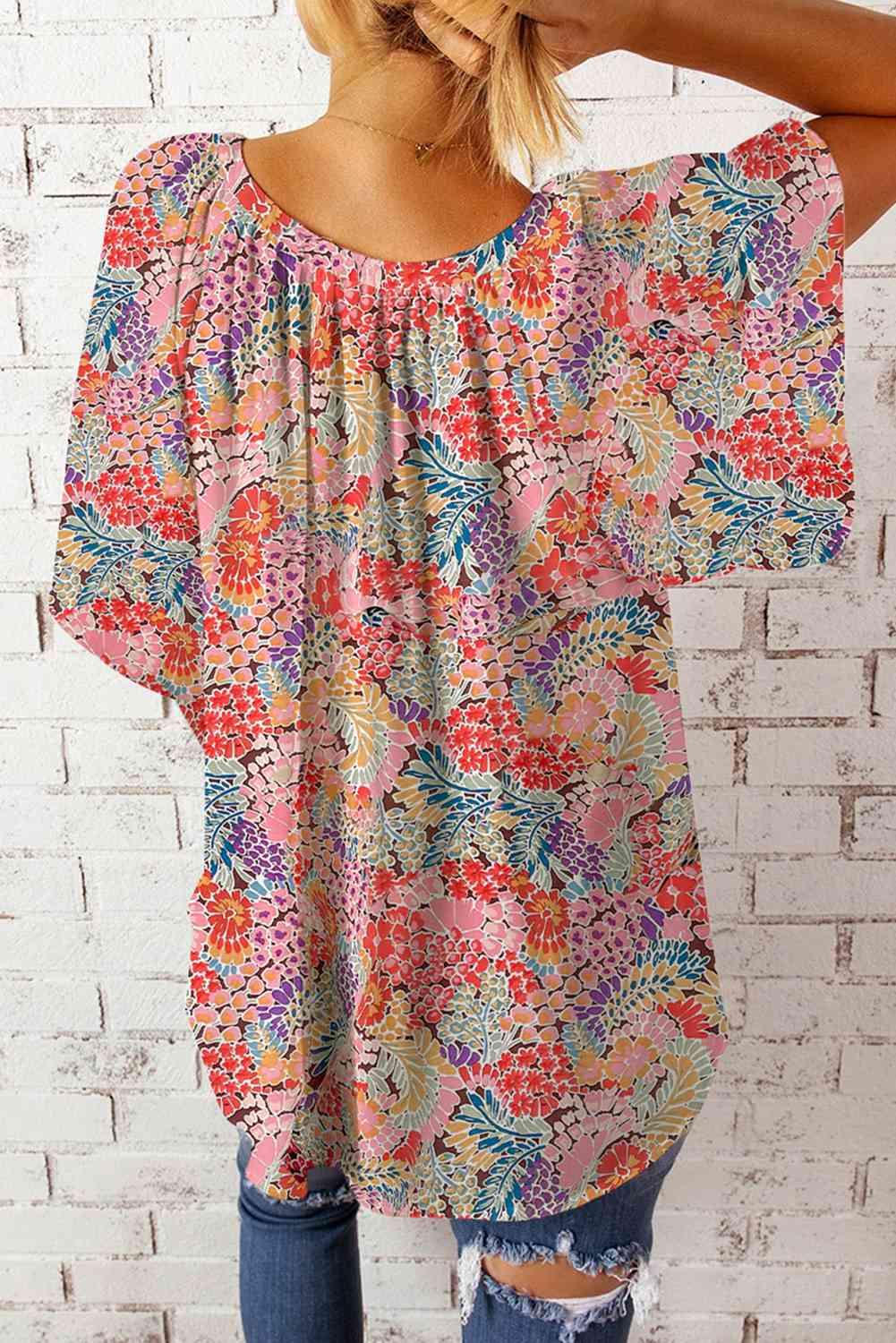 Floral Notched Neck Flutter Sleeve Blouse - Blouse