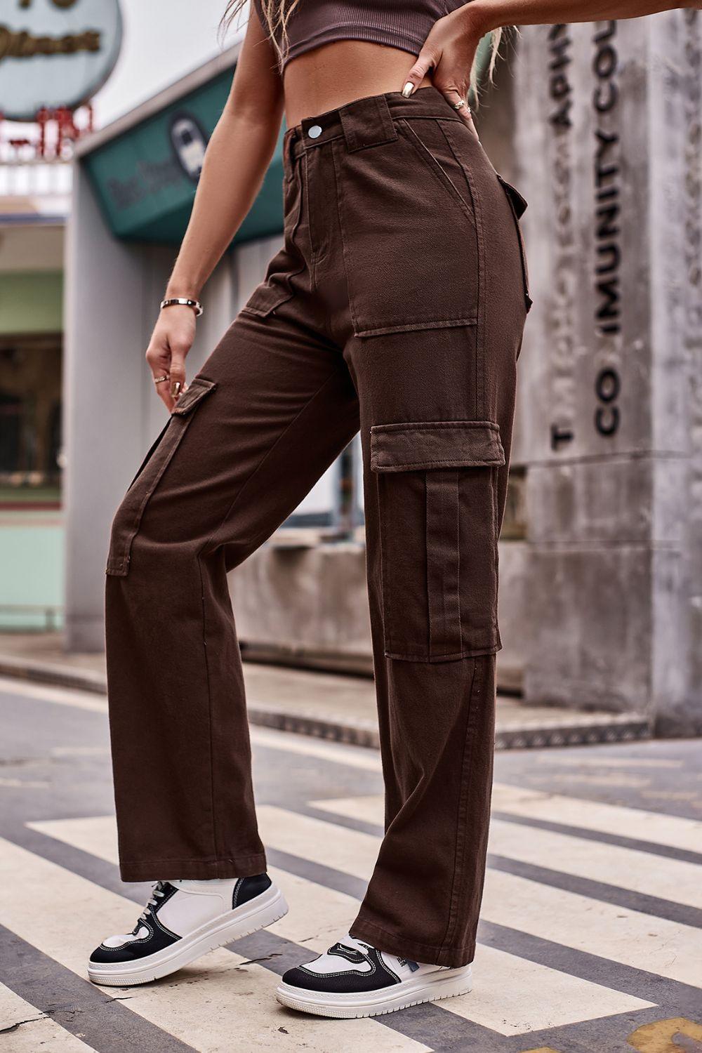 High Waist Loose Fit Straight Leg Cargo Jeans - Jeans