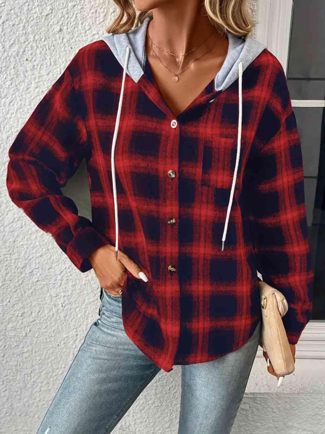 Plaid Drawstring Button Up Hooded Shacket - Jacket