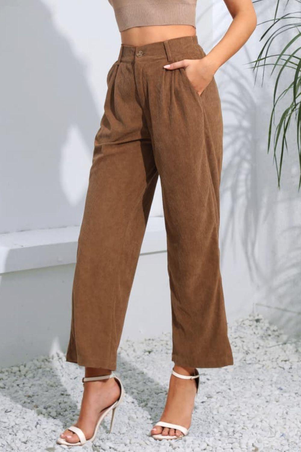 Cropped Buttoned Straight Leg High Waist Pleated Pants - Pant