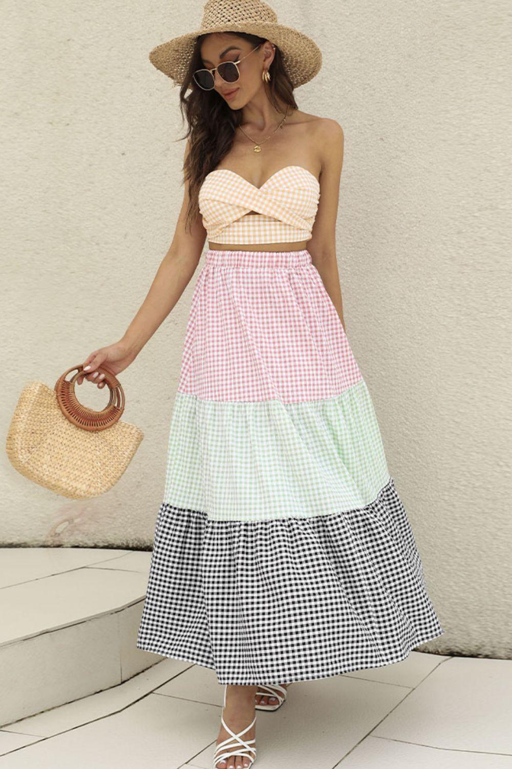 Plaid Strapless Top and Tiered Maxi Skirt Set - Skirt & Top