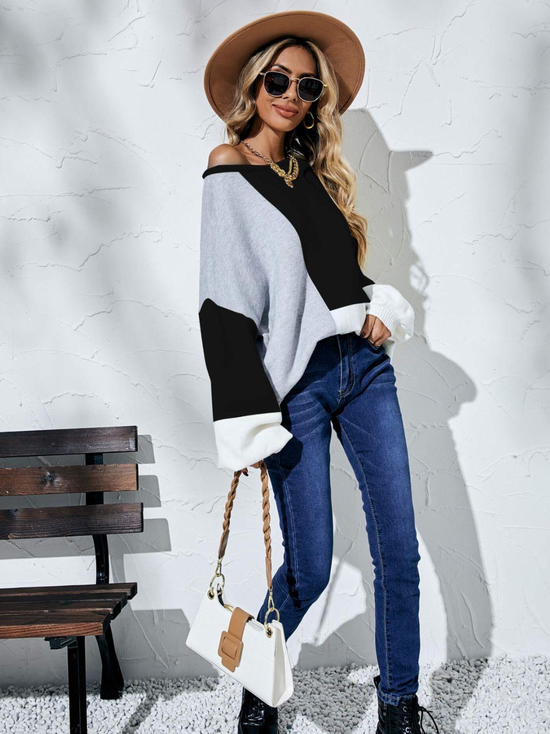 Color Block Balloon Sleeve Boat Neck Sweater - Sweater