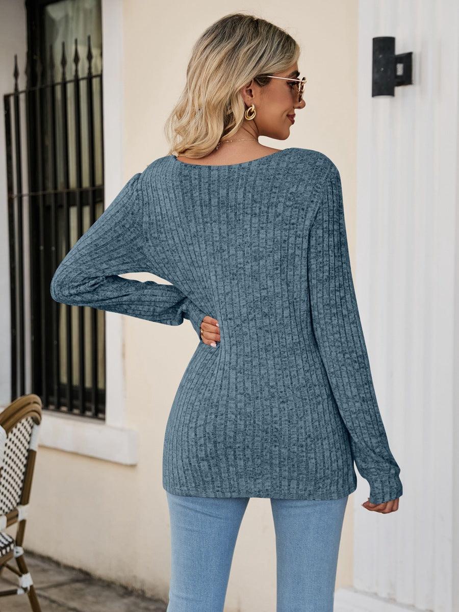 Square Neck Ribbed Long Sleeve Top - Top