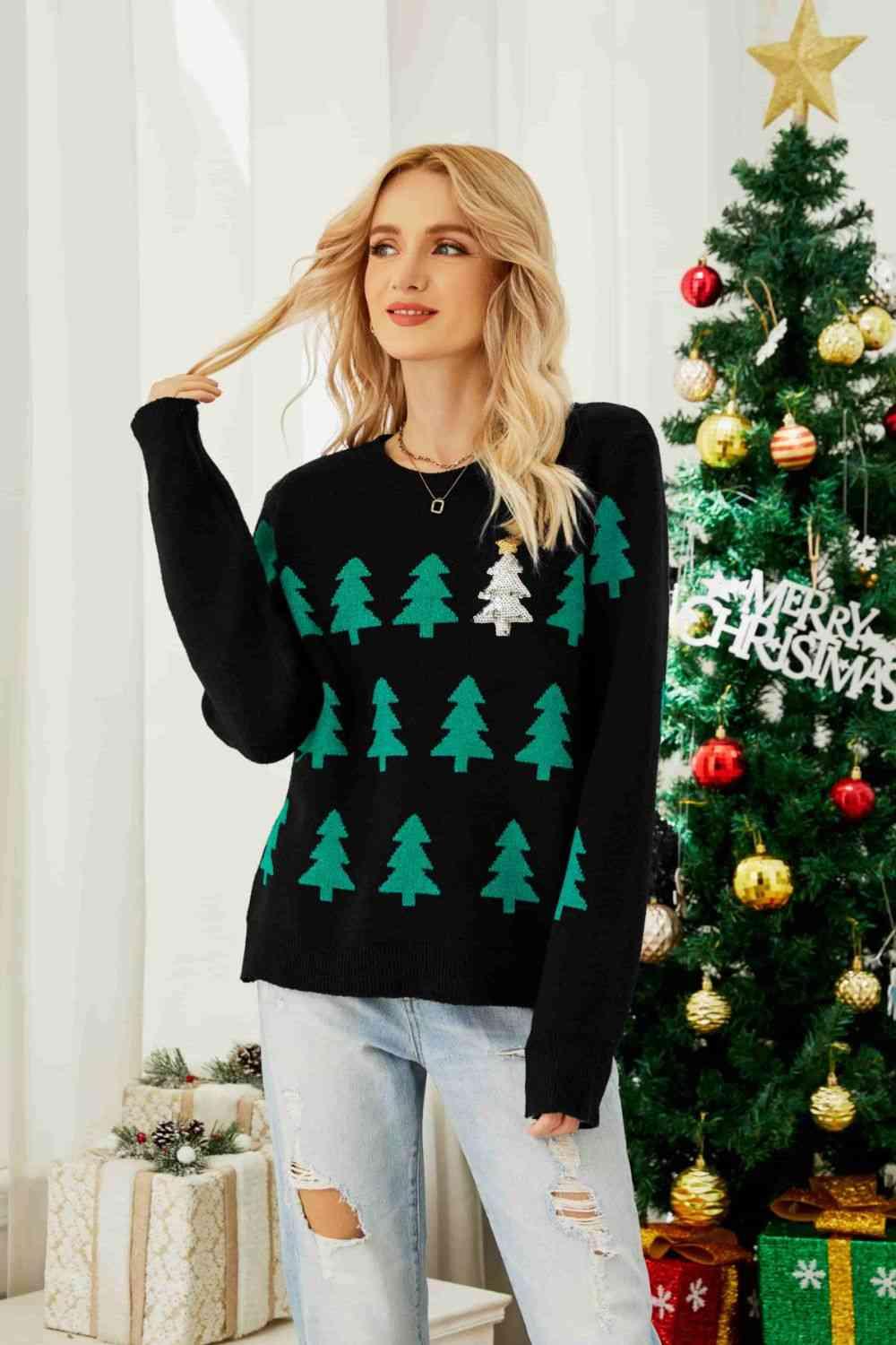 Christmas Tree Round Neck Sweater - Sweater