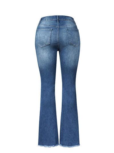 Distressed Raw Hem Bootcut High Rise Jeans - Jeans