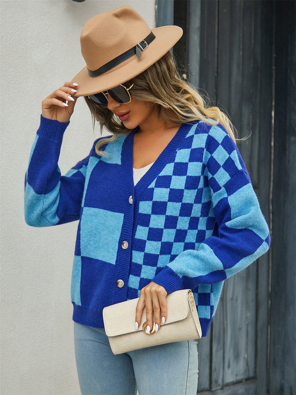 Checkered V-Neck Dropped Shoulder Sweater Cardigan - Cardigan