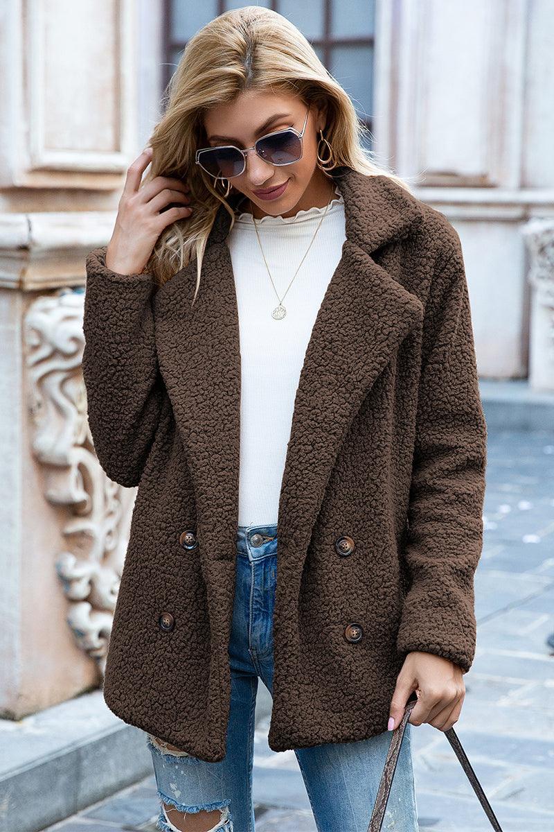 Full Size Lapel Collar Sherpa Coat - Coat