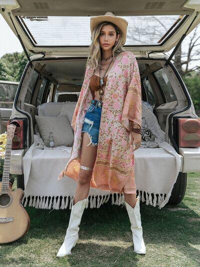 Floral Open Front Long Sleeve Kimono - Kimono