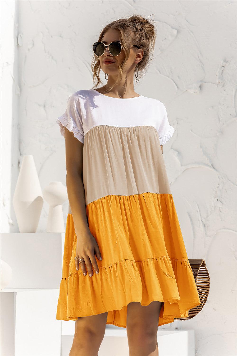 Color Block Round Neck Ruffle Hem Tiered Short Dress - Dresses