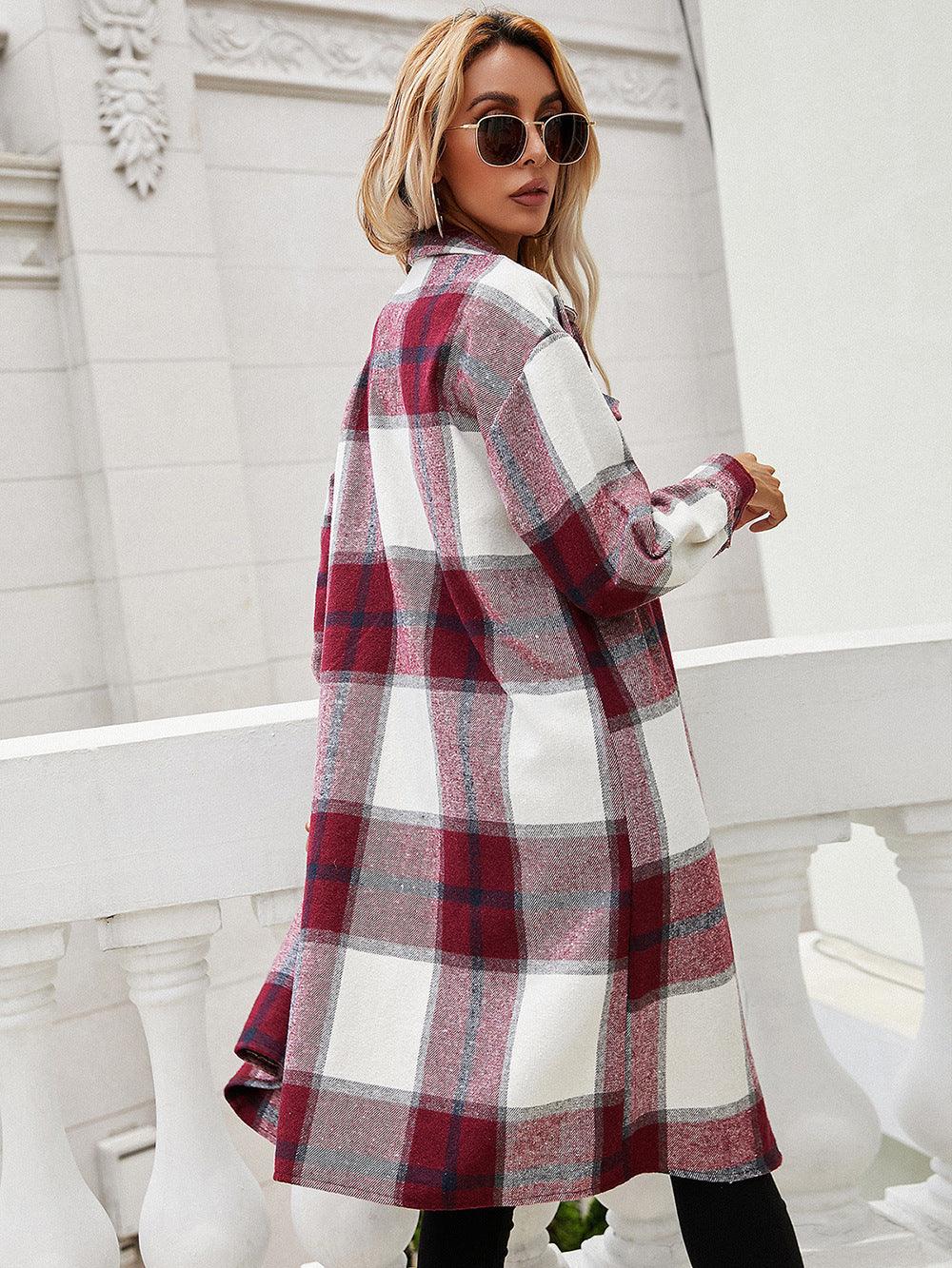 Plaid Longline Shirt Jacket With Pockets - Jacket