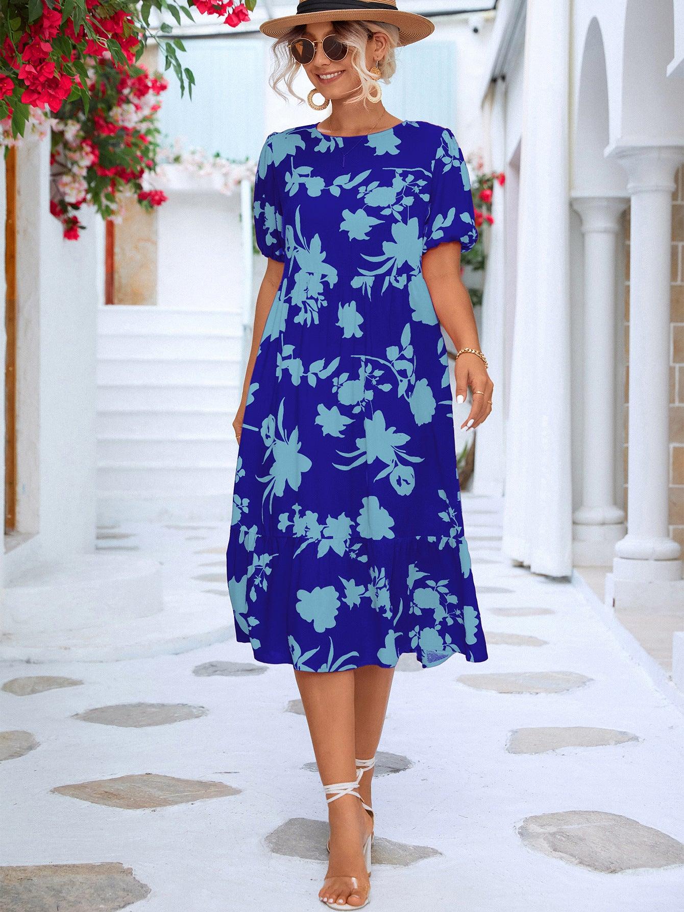 Floral Puff Sleeve Ruffle Hem Round Neck Midi Dress - Dresses