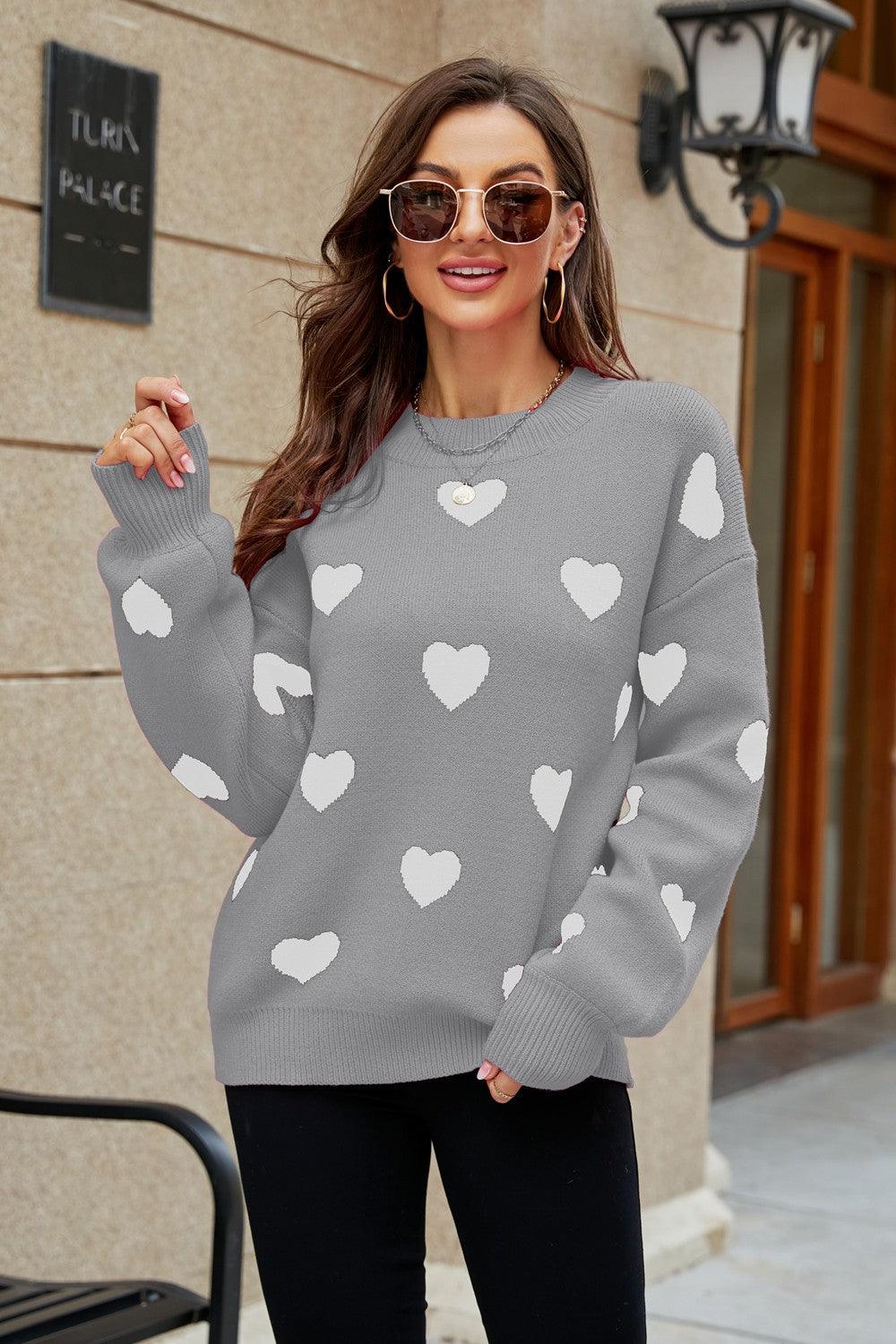 Woven Right Heart Pattern Lantern Sleeve Tunic Sweater - Sweater