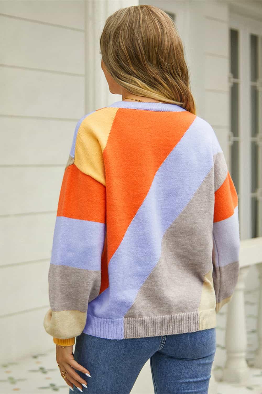 Color Block Round Neck Long Sleeve Knit Sweater - Sweater