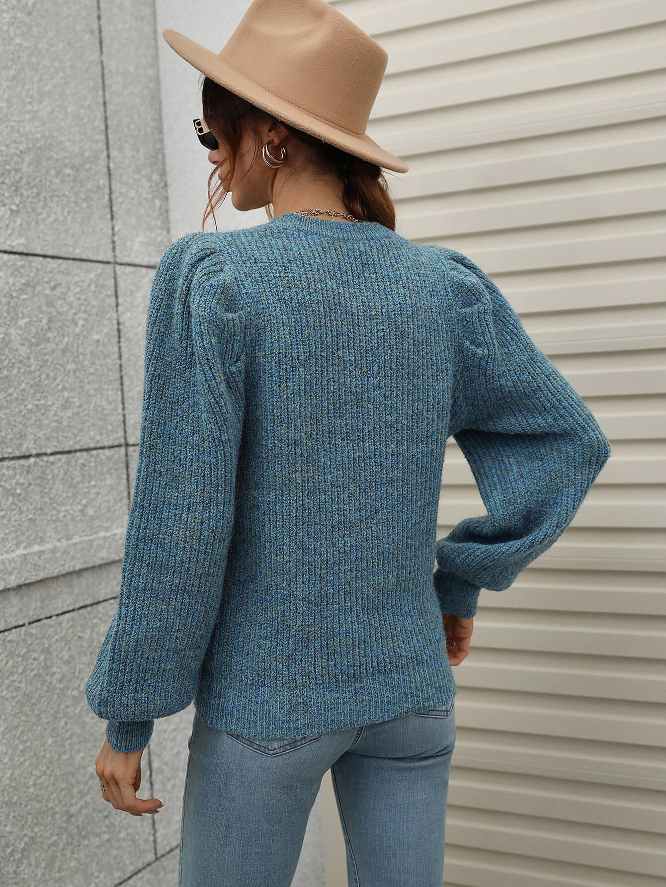 Woven Right Long Puff Sleeve Rib-Knit Sweater - Sweater