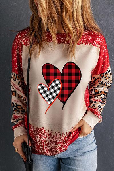 Heart Leopard Round Neck Sweatshirt - Sweatshirt