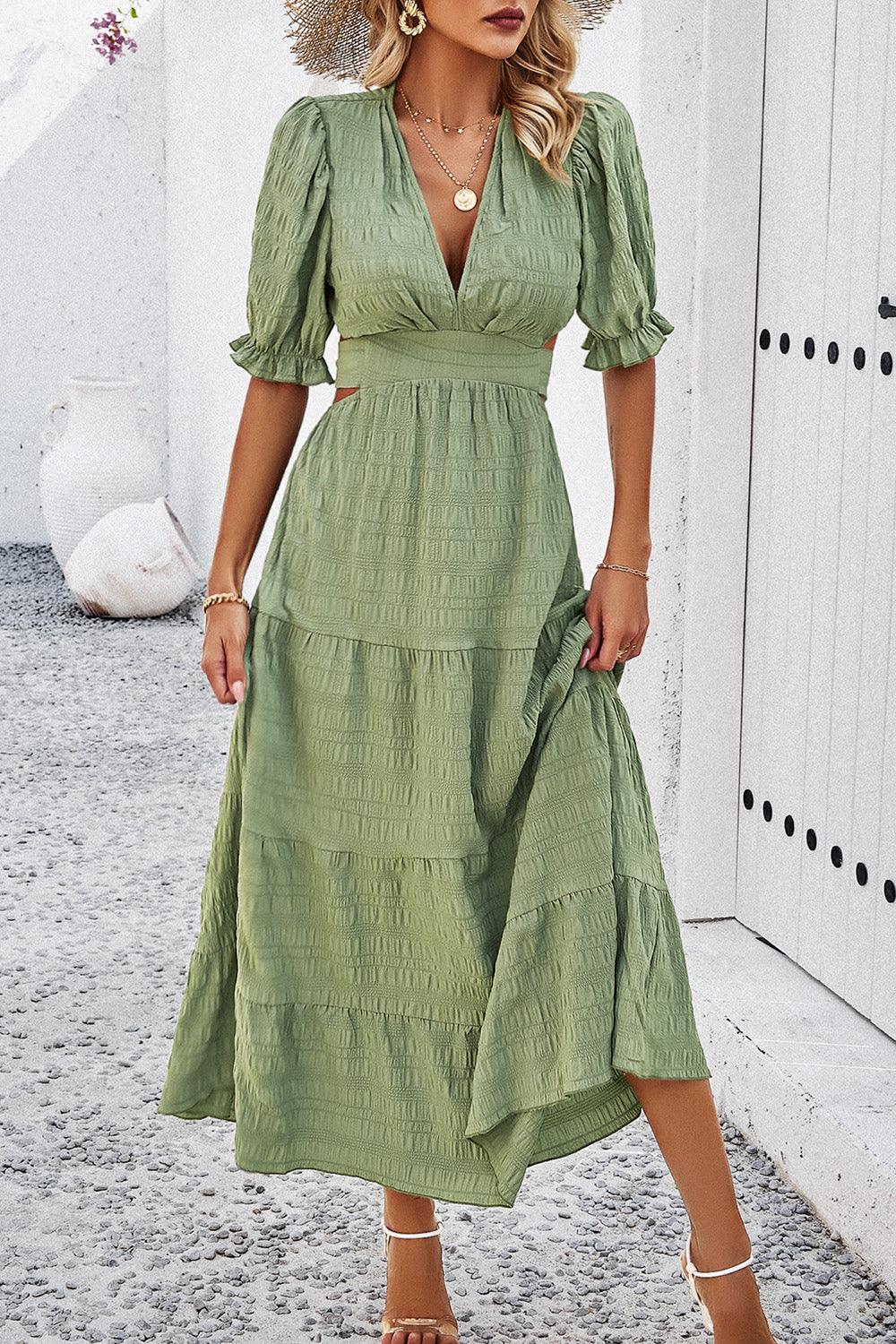 Tie Back Short Sleeve Tiered Midi Dress - Dresses