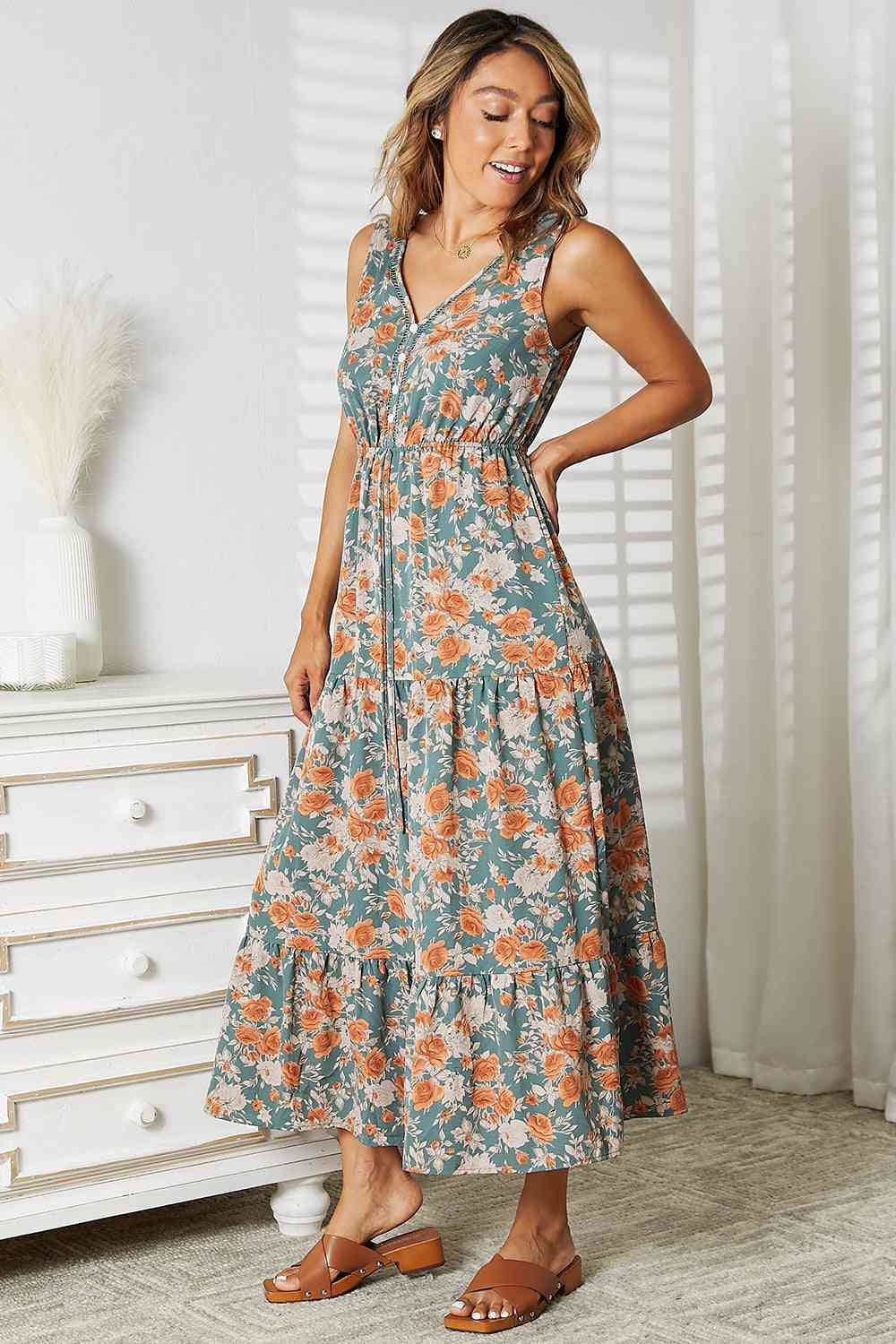 Double Take Floral V-Neck Tiered Sleeveless Midi Dress