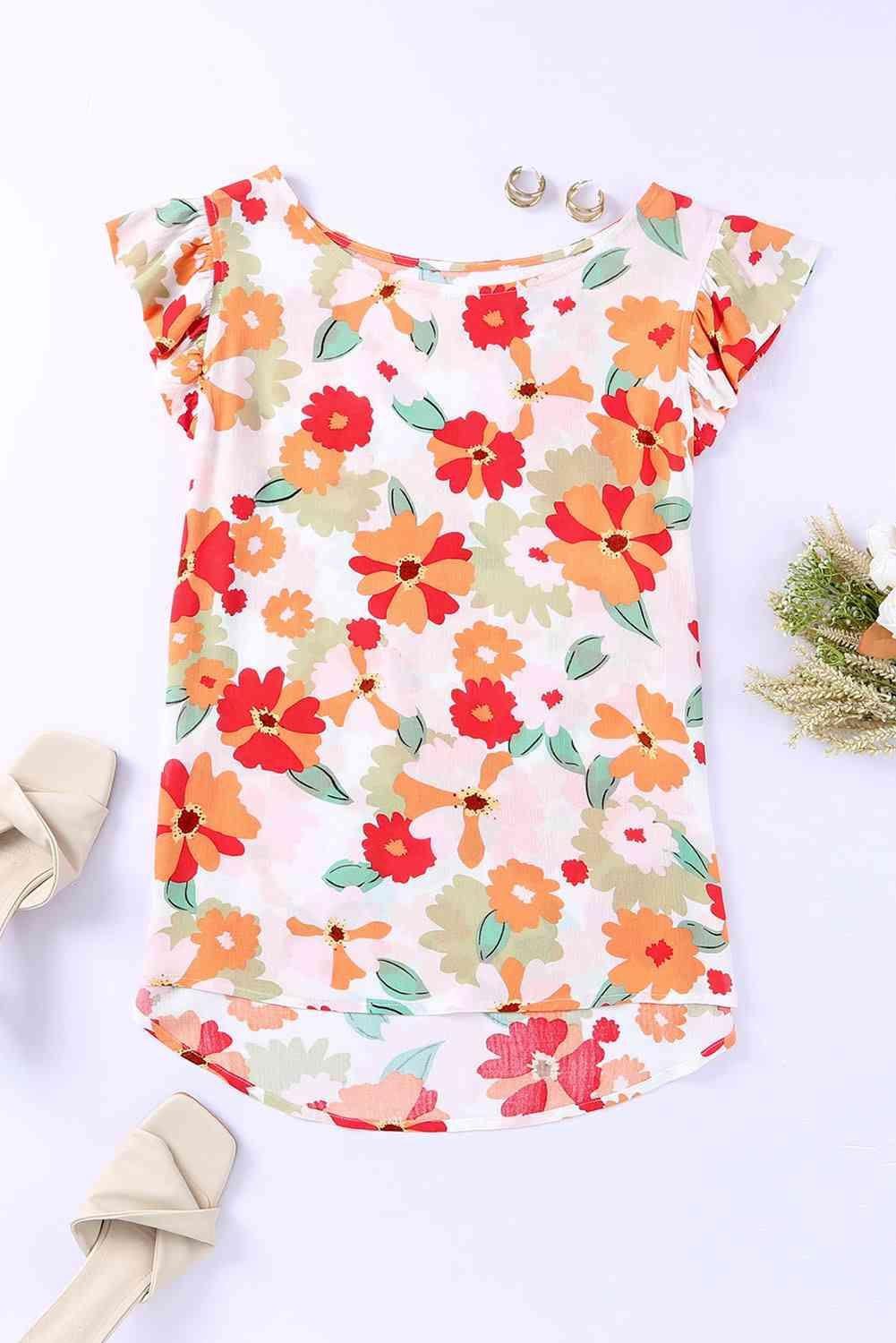 Floral Flutter Sleeve Round Neck Top - Top