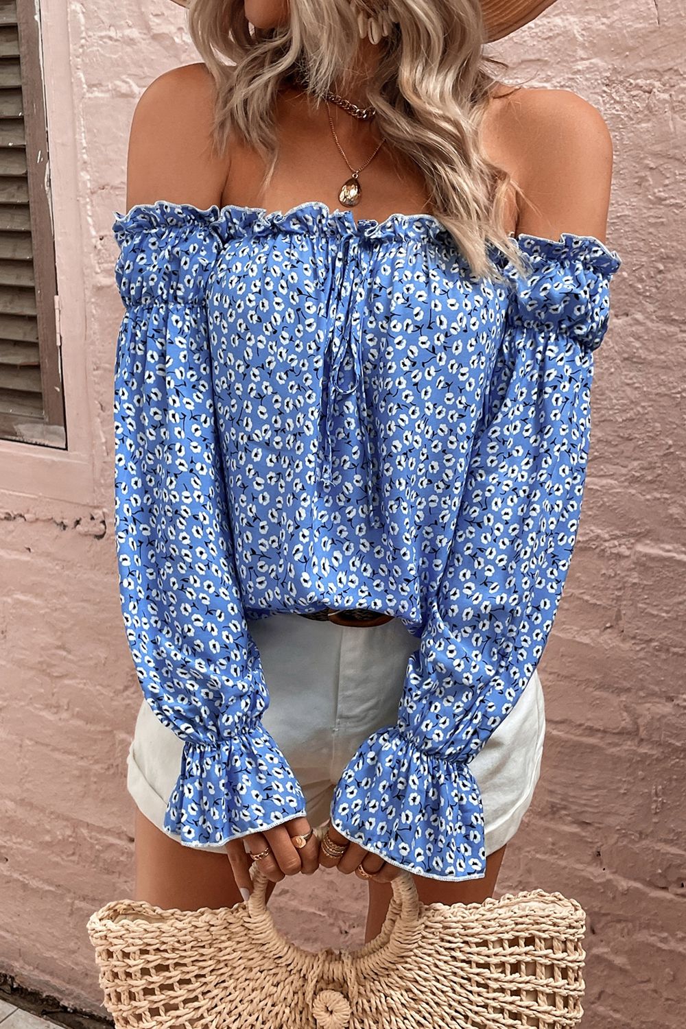 Floral Off Shoulder Frill Trim Top