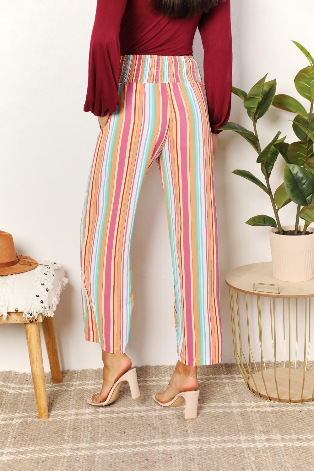 Cropped Striped Smocked High Waist Pants - Pant