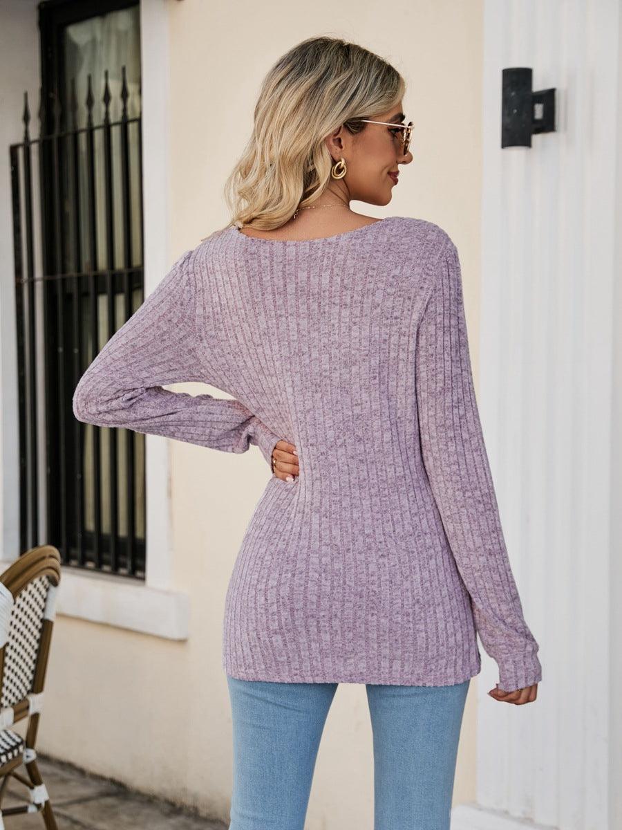 Square Neck Ribbed Long Sleeve Top - Top