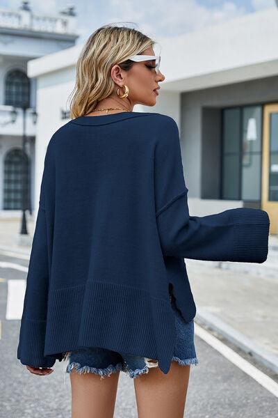 High-Low Slit Round Neck Sweater - Sweater