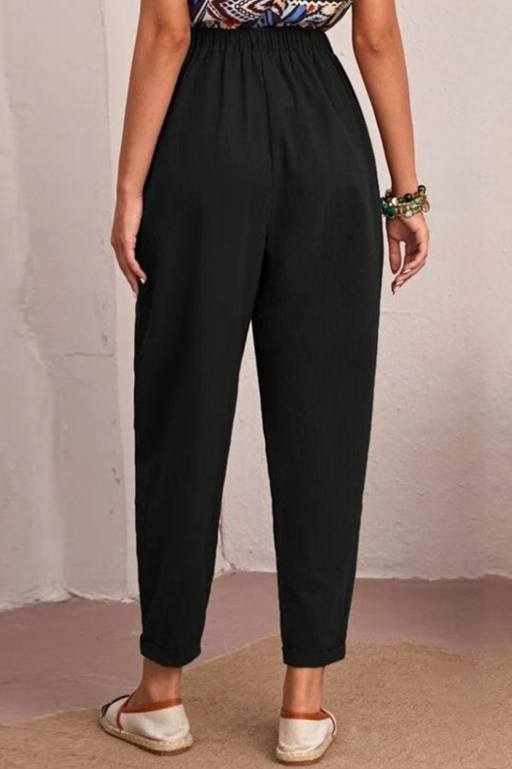 Cropped Elastic High Waist Pocket Tapered Pants - Pant