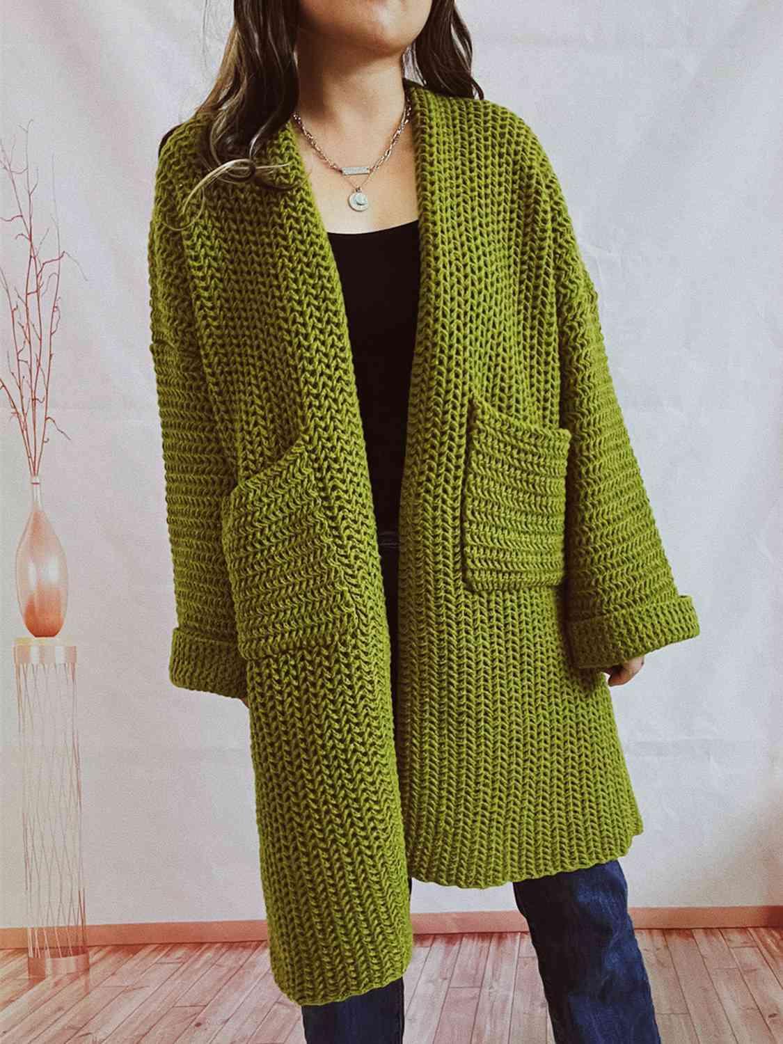 Open Front Long Sleeve Cardigan with Pockets - Cardigan