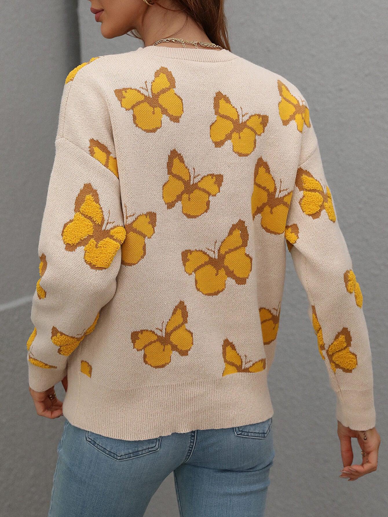 Woven Right Butterfly Dropped Shoulder Sweater - Sweater