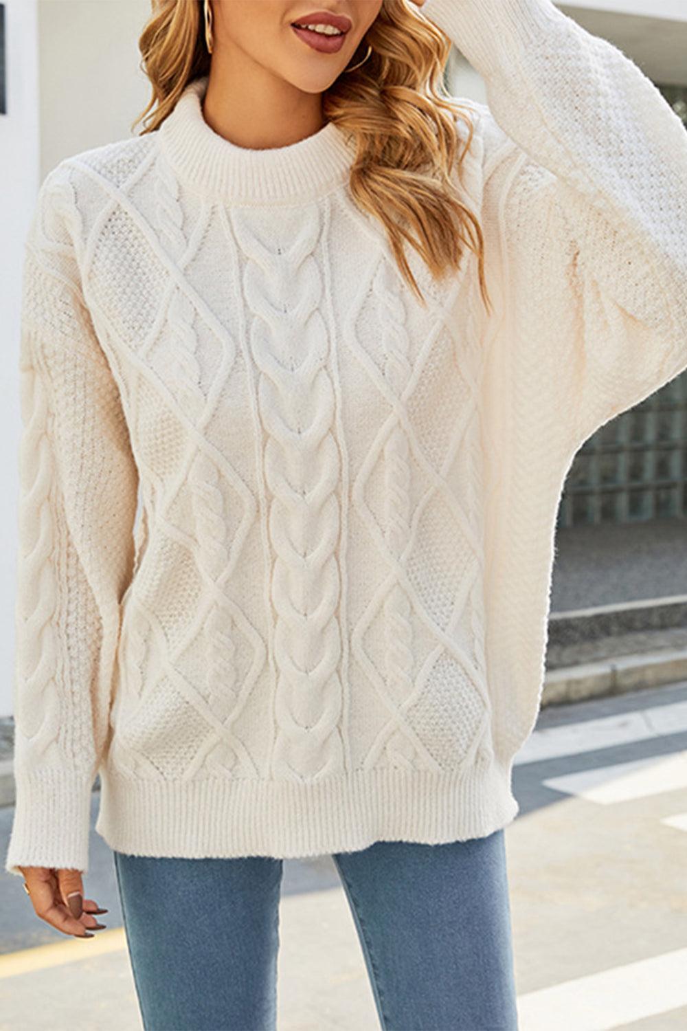 Cable-Knit Round Neck Long Sleeve Sweater - Sweater