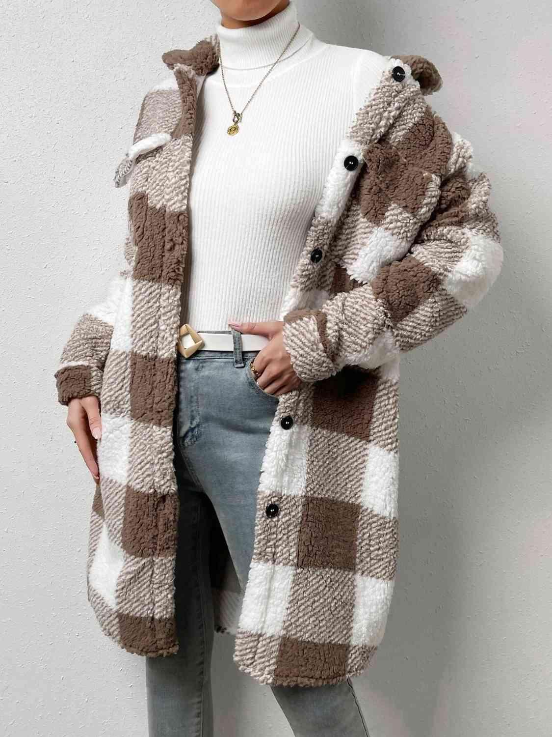 Plaid Button Down Fleece Coat - Coat