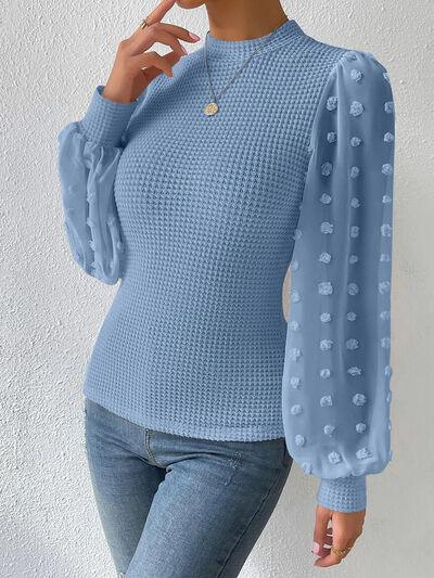 Swiss Dot Waffle-Knit Lantern Sleeve Top - Top