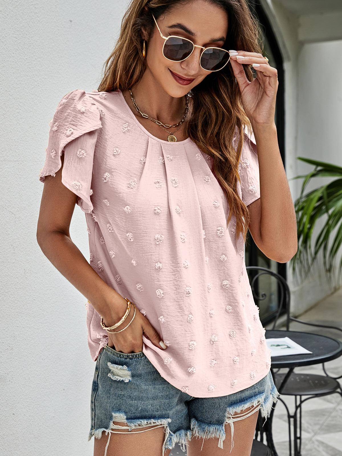 Swiss Dot Round Neck Petal Sleeve Top - Top