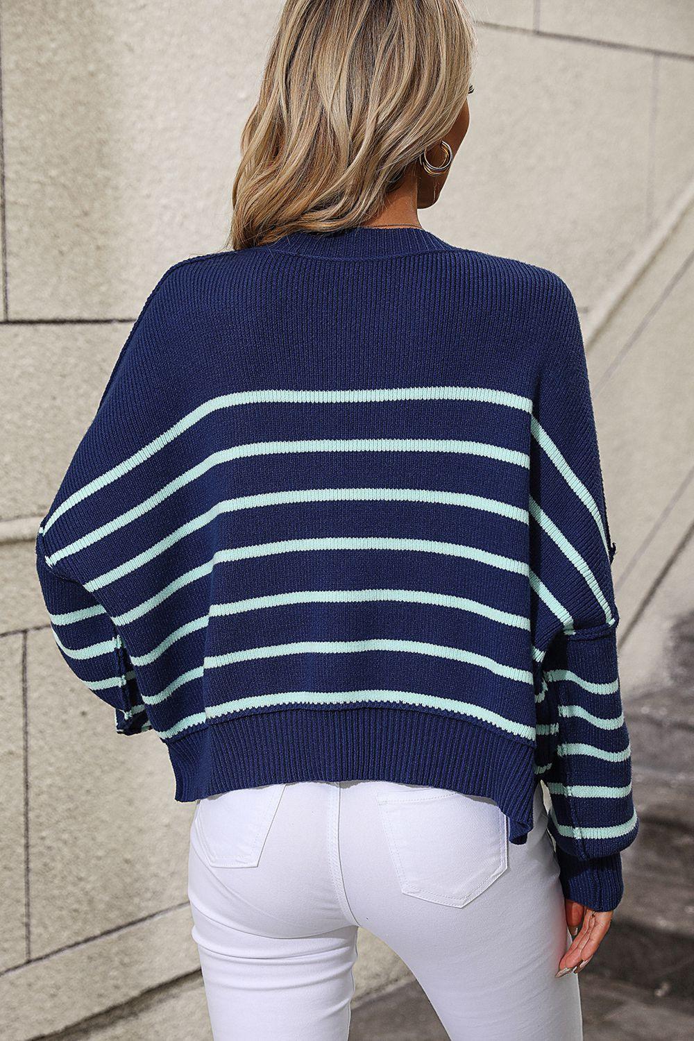 Striped Dropped Shoulder Round Neck Sweater - Sweater