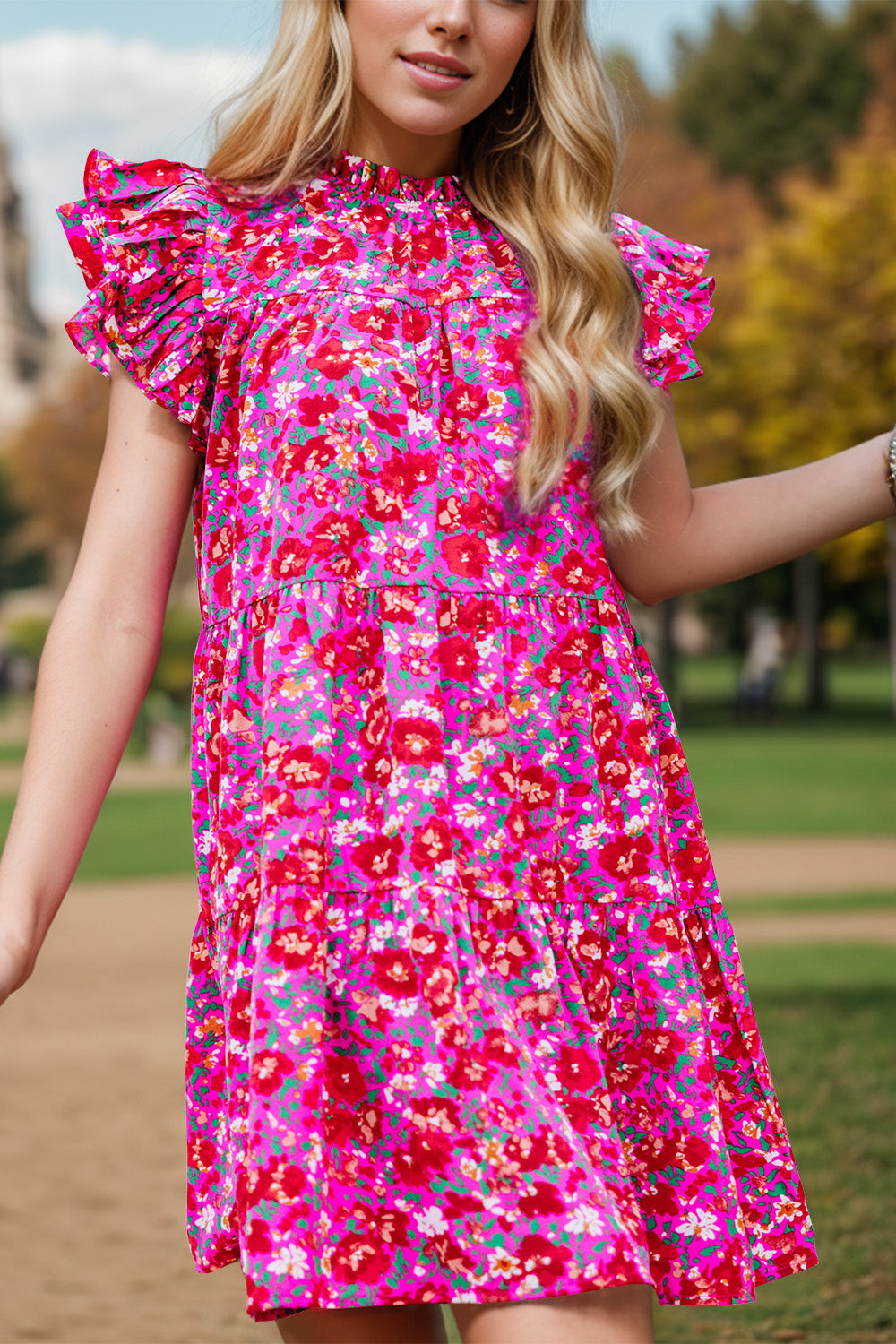 Floral Ruffled Cap Sleeve Mini Dress