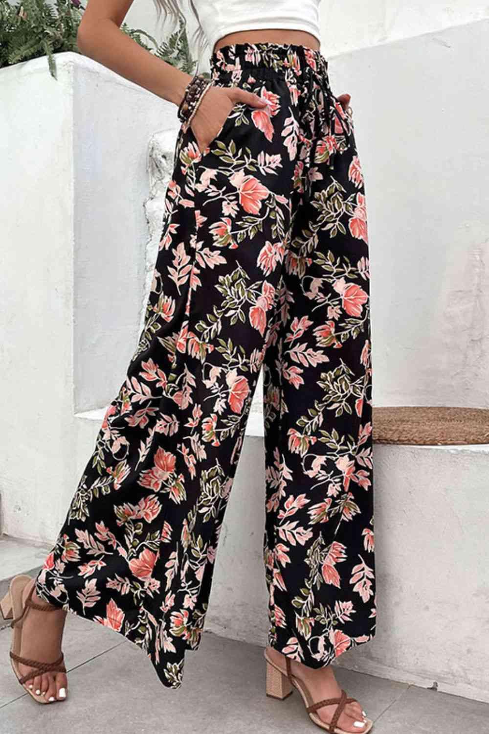 Floral Pull-On Wide Leg Pants - Pant