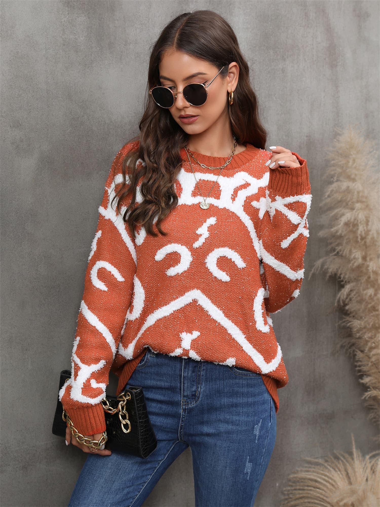 Printed Round Neck Dropped Shoulder Sweater - Sweater