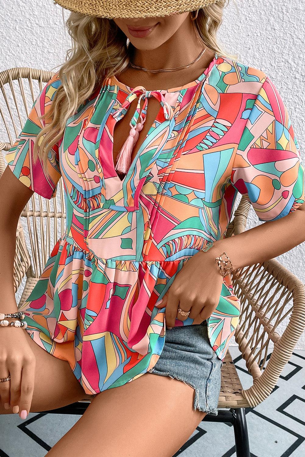 Multicolor Printed Tie Neck Short Sleeve Top - Top