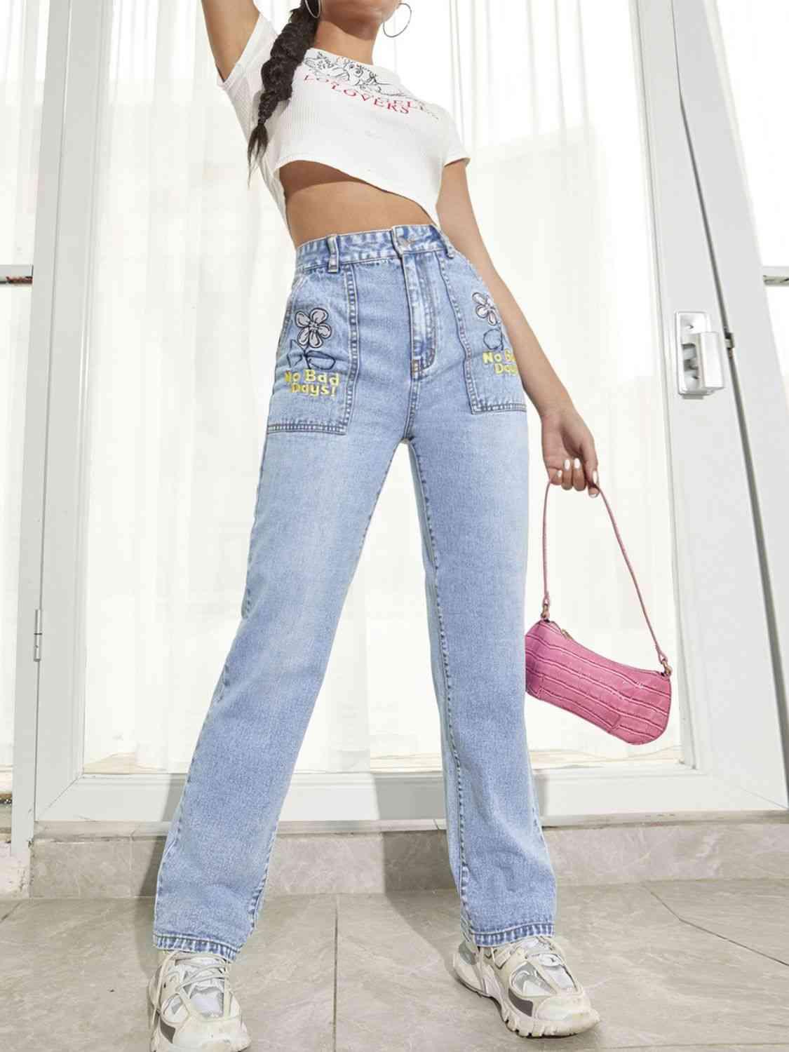 Flower Graphic Straight Leg High Rise Jeans - Jeans