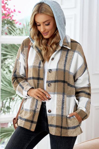 Button Up Plaid Hooded Shacket - Jacket