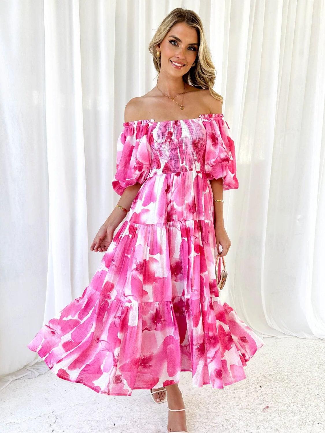 Floral Smocked Off-Shoulder Tiered Midi Dress - Dresses