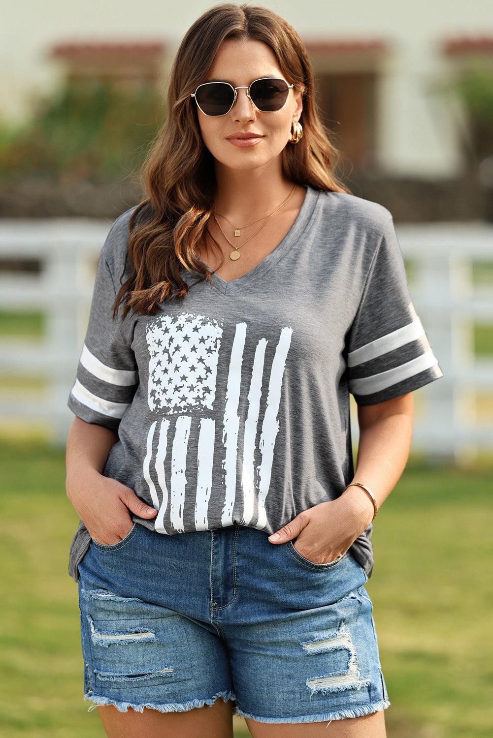 Plus Size US Flag Graphic V-Neck Top - Top