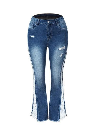 Distressed Raw Hem Bootcut High Rise Jeans - Jeans