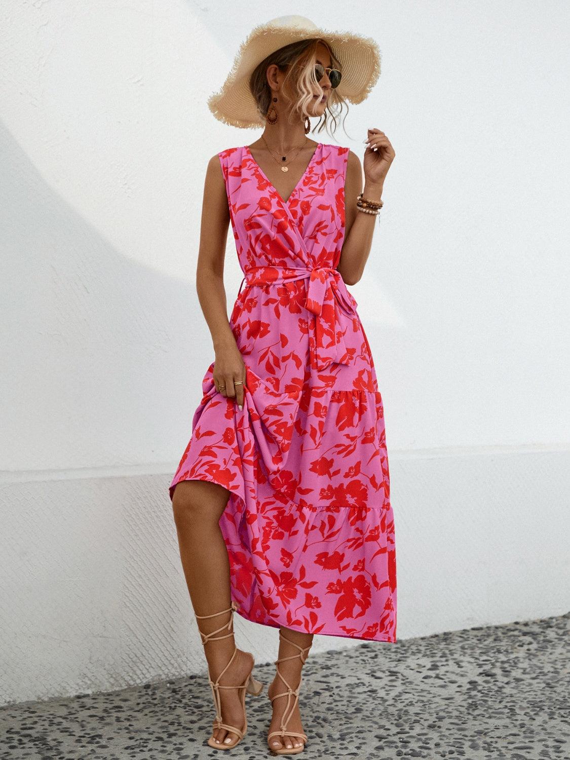 Tied Floral Surplice Tiered Midi Dress - Dresses