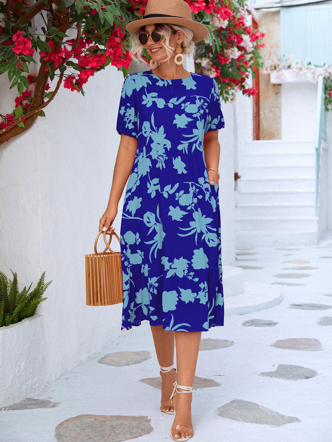 Floral Puff Sleeve Ruffle Hem Round Neck Midi Dress - Dresses