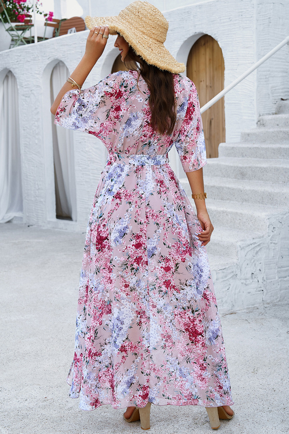 Printed Tied Half Sleeve Slit Maxi Dress