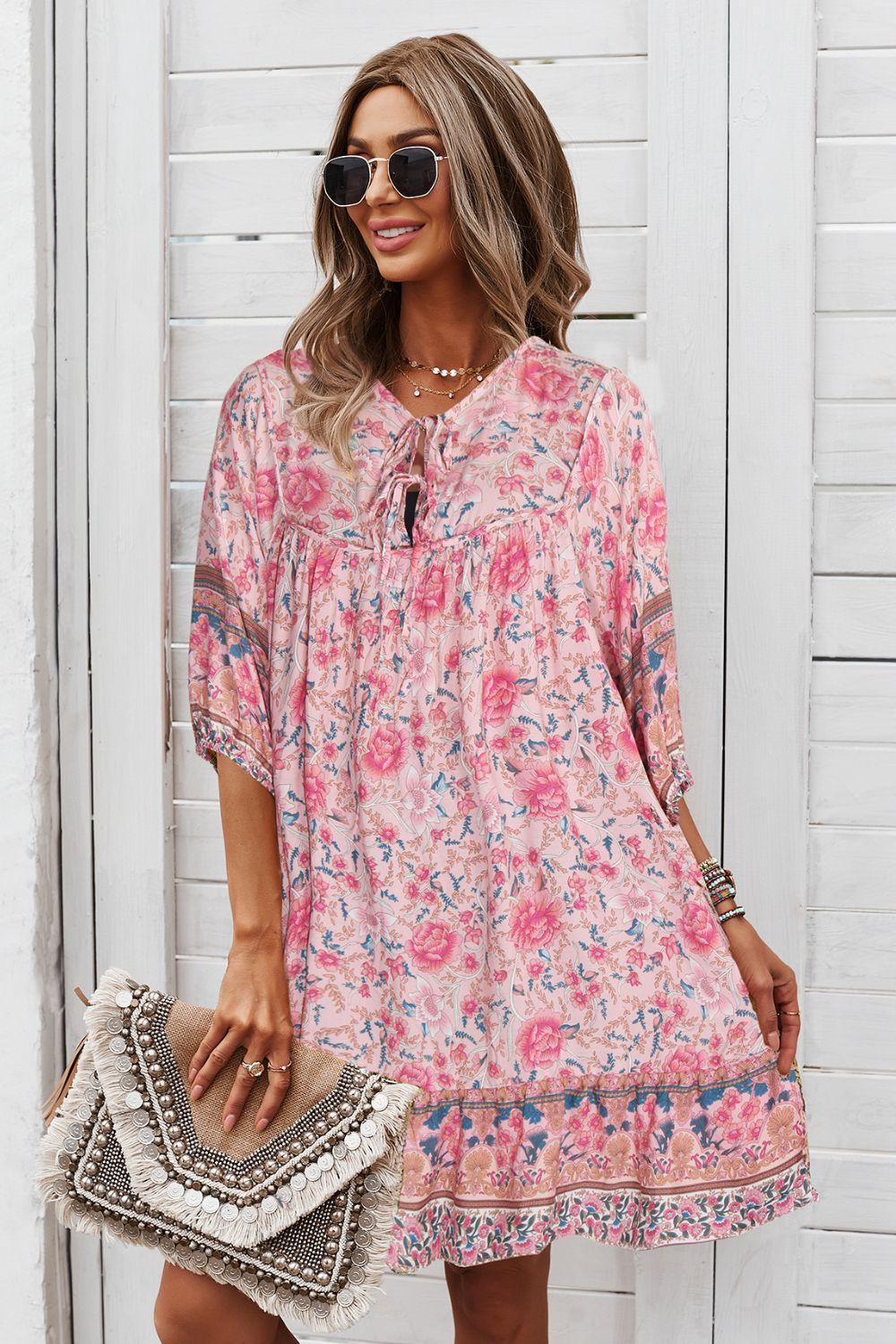 Bohemian Floral Tie Neck 3/4 Sleeve Short Tiered Dress - Dresses