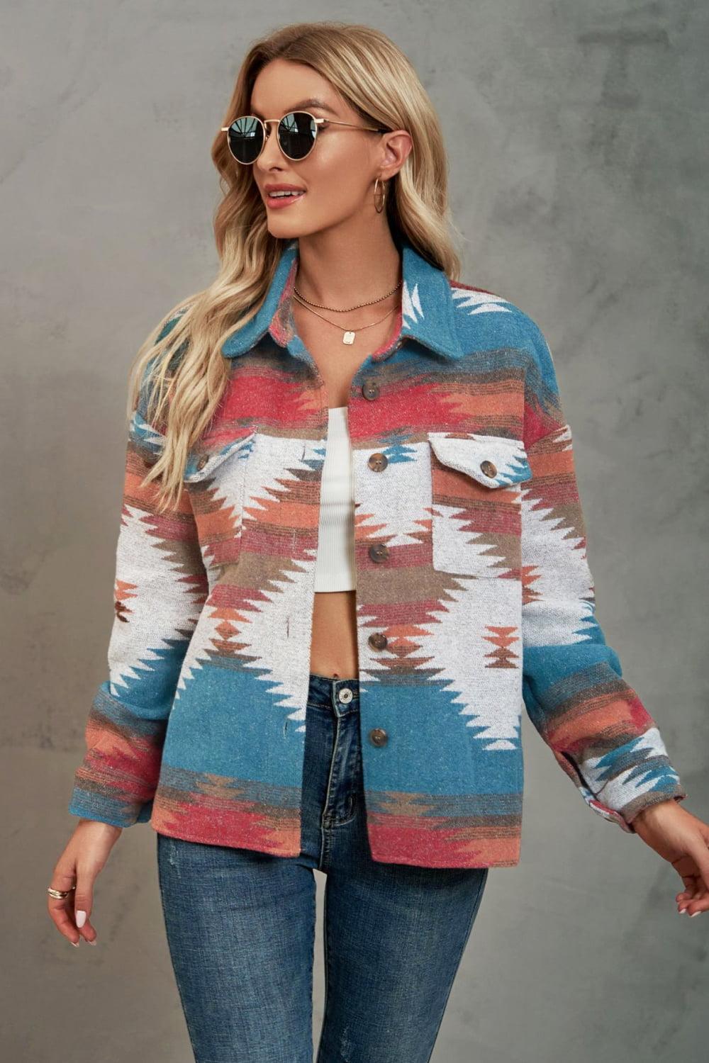 Printed Collared Neck Jacket With Pocket - Jacket